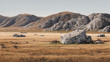 Arid landscape with large boulders, dry grass, and distant rolling hills
