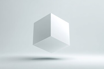 Floating white cube centered in a soft gray gradient, casting a subtle shadow