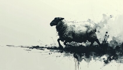 A vibrant ink painting of a sheep drawn with a brush　筆で描いた躍動する羊の墨絵