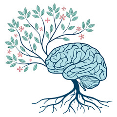 Brain growth with plants representing mental wellbeing and positivity