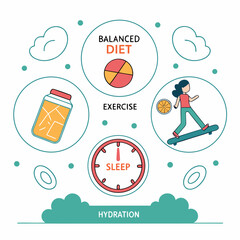 Infographic detailing a balanced diet and healthy lifestyle choices