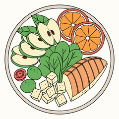 A colorful and nutritious plate displaying a balanced diet selection