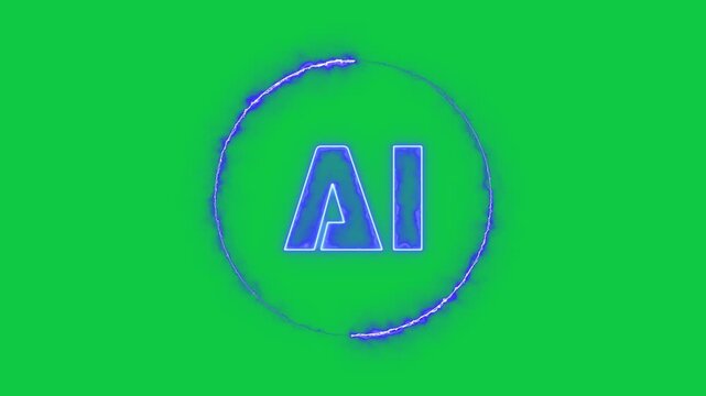 artificial intelligence neon light icon technology computer science on green screen animation, chroma key ai futuristic isolated social media motion design element