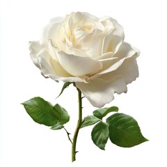 Elegant white rose, detailed petals, green stem & leaves against white backdrop