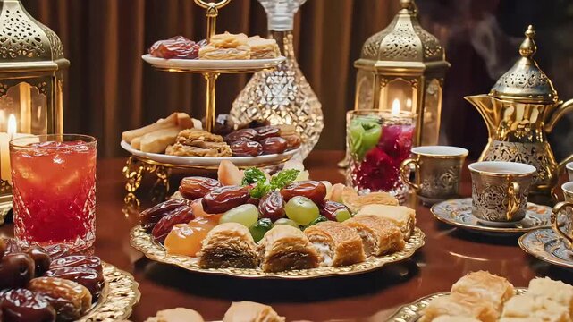 A traditional iftar table setting with various foods and drinks for breaking the fast during ramadan fasting month in a warm and cozy atmosphere with golden lanterns.