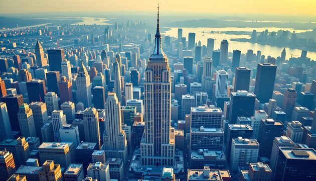 An expansive city skyline dominated by towering buildings during sunset, with the Empire State Building being prominently visible in the lower right corner.