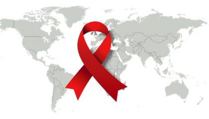 A red ribbon is displayed in front of a world map in muted colors, centered on a white background cutout on alpha channel