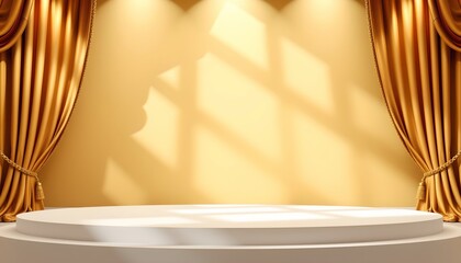 A luxurious bedroom setting with yellow curtains framing a large window. A bed with a wooden headboard is positioned in front of the window. The room's ambiance is enhanced by warm lighting.