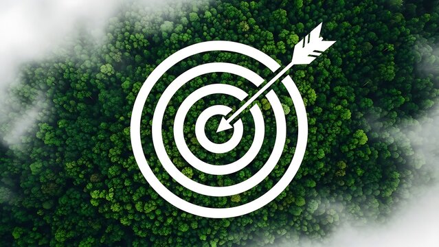 Aerial view of white target with arrow hitting bullseye on green forest background with clouds - Powered by Adobe