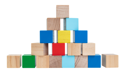 Wooden toy blocks stacked in a pyramid shape with colors including red, green, ready for compositing on white and transparent background