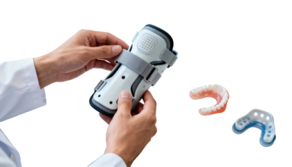Clinicians hands holding a modern orthopedic brace next to alternative splints on a white desk showcasing options for longterm patient support during followup.
