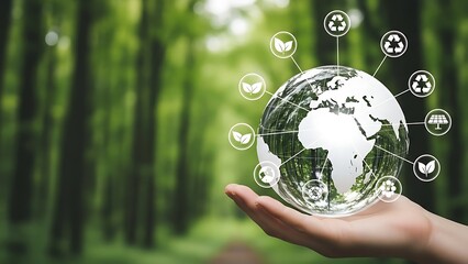Hand holds Earth with eco-icons network, sustainability, green technology, environmental protection concept