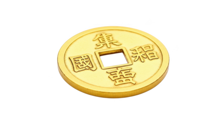 Golden Chinese coin with square hole and ancient script png isolated transparent background currency