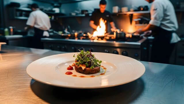 Exquisite gourmet dish presented in a vibrant professional kitchen where chefs craft culinary masterpieces with passion and precision under bright lights - Powered by Adobe