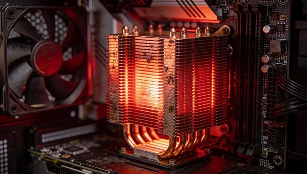 Computer heatsink glowing red, fan spinning, inside desktop pc, thermal throttling. heatsink, red, glow, heat.