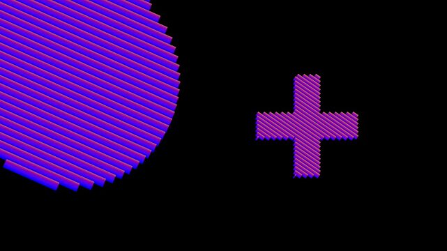 Retro purple circle and plus sign 3d shapes moving background