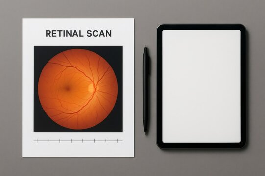 Detailed retinal scan document displayed on a desk, next to a modern blank screen tablet and a pen, representing medical technology