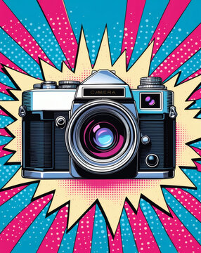 Vibrant retro camera bursting with color against a dynamic comic-style backdrop of pink and blue rays