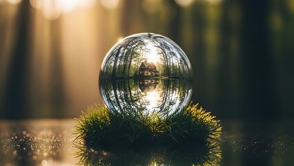 A crystal egg on moss with sunlight reflection