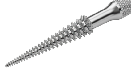 Metallic tapered spiral brush tool with textured handle on png isolated transparent background black background