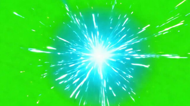 Blue anime impact flash on green screen. Cyan speed line burst for manga action fight scenes.