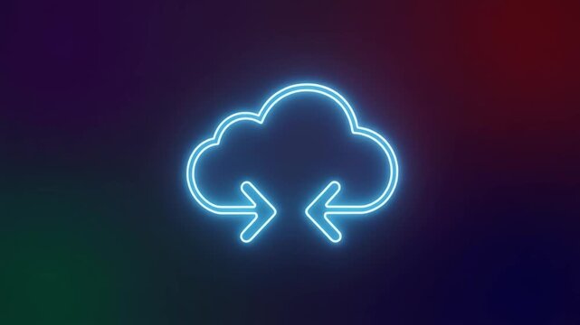 Purple neon cloud icon with arrows pointing inwards on a dark gradient background symbol
