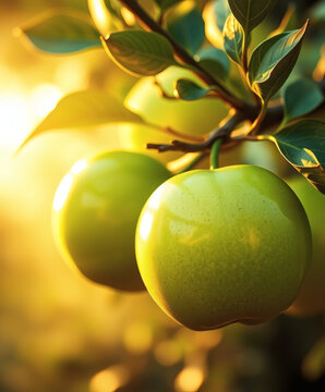 Golden sunlight bathes ripe green apples hanging on a tree branch in a picturesque orchard at sunset