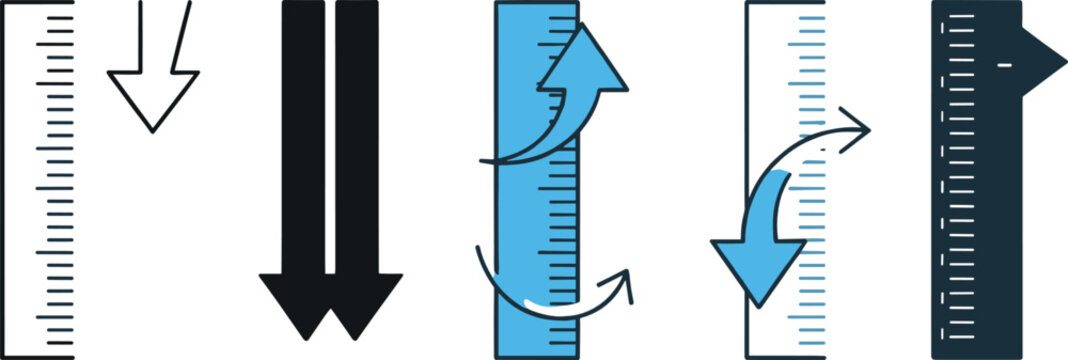 Measurement ruler and arrow icons vector illustration showing increase decrease direction scale and rotation symbols for infographic data comparison and interface design concepts