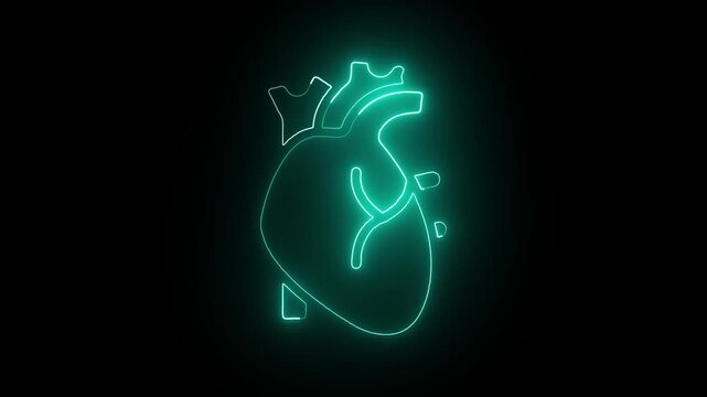 abstract cyan color glowing human heart anatomy icon animation on dark black background. 4k video