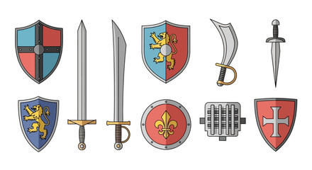 Illustrative collection of medieval weaponry and heraldic shields, showcasing various stylized swords, daggers, and battle-ready armaments for historical or fantasy-themed graphic projects