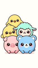 A group of cute cartoon farm animals and friends smiling together
