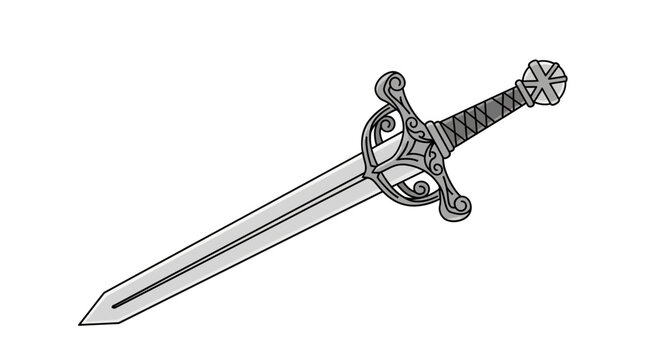 Striking monochrome illustration of a historical medieval sword, showcasing an ornate hilt and gleaming blade, perfect for fantasy themes, vintage designs, or heraldic imagery