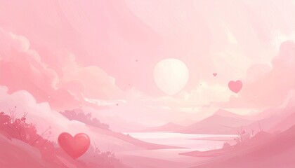 Valentine's Day background. Pink landscape with hearts. Mountain and lake scenery. Pastel color illustration. Valentine theme. Heart shaped balloons. Soft clouds. Sunrise. Vector design.