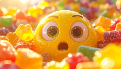 Surprised yellow emoji face surrounded by colorful jelly beans and candies.