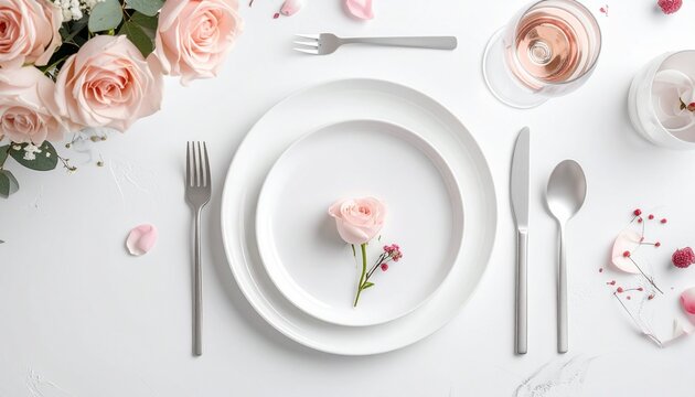 Valentine's Day table setting. Pink rose on white plate. Fork, knife, spoon. Pink roses bouquet. White tablecloth background. Dining table setup. Romantic dinner. Valentine celebration.