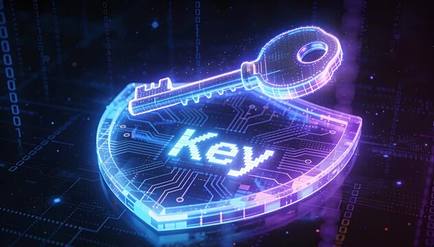 Digital access key and shield with circuit board pattern and binary code flowing digital key, security.