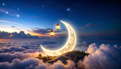Moon Crescent Lamp Above Cloudy Horizon with Hanging Lanterns