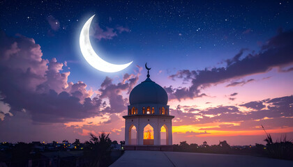 Islamic Dome Mosque Twilight Scene with Crescent Moon