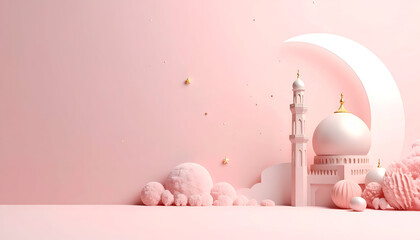 Pink Mosque Cityscape with Crescent Moon and Snowy Ball Formations