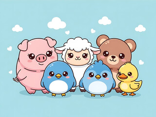 Adorable farm friends with cute animals on blue background