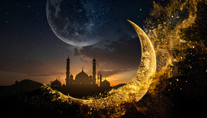 Moon and Mosque Silhouette with Golden Sparkle Arc