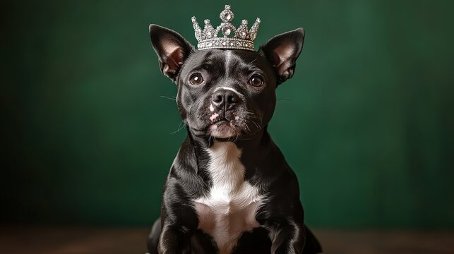 Black and white dog with a tia on its head.