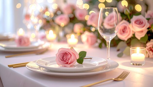 Romantic dinner table setting. Valentine's Day decoration. Pink roses on plate. White tablecloth. Gold cutlery. Wine glass. Candlelight. Blurred background with flowers and lights. Elegant