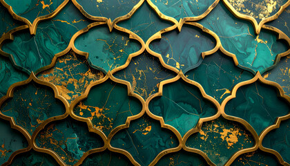 Elegant Geometric Gold Lattice Pattern Over Teal Marble