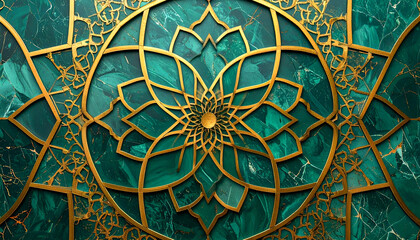 Intricate Gold Geometric Mandala Pattern on Green Marble Background