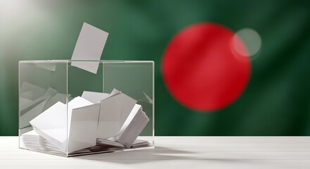 Transparent ballot box with votes being cast in front of the flag of Bangladesh, election process