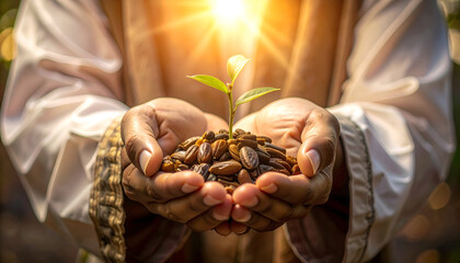 Hands Holding Seedling Growing From Coffee Beans