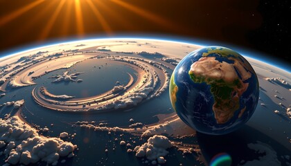 A satellite view of Earth from space with the planet's curvature and clouds visible.