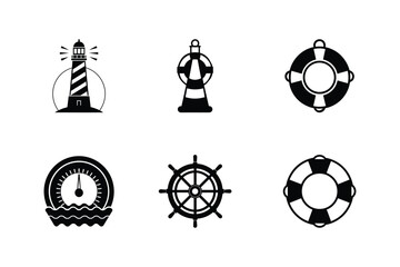 Set of Nautical Icons. Nautical Elements Collection for Summer Travel and Sailing. Marine Life Symbols Isolated on White Background