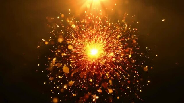 Red and gold firework explosion isolated. Realistic single pyrotechnic burst with sparks for holiday celebration.